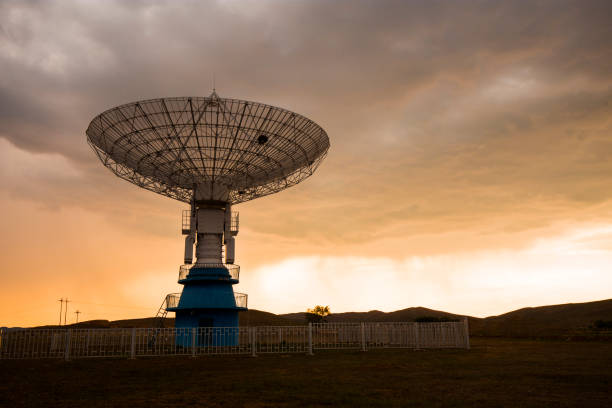 SETI radio observatory at sunset