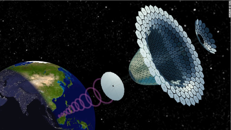 Orbiting solar farm rendering for space-based energy capture